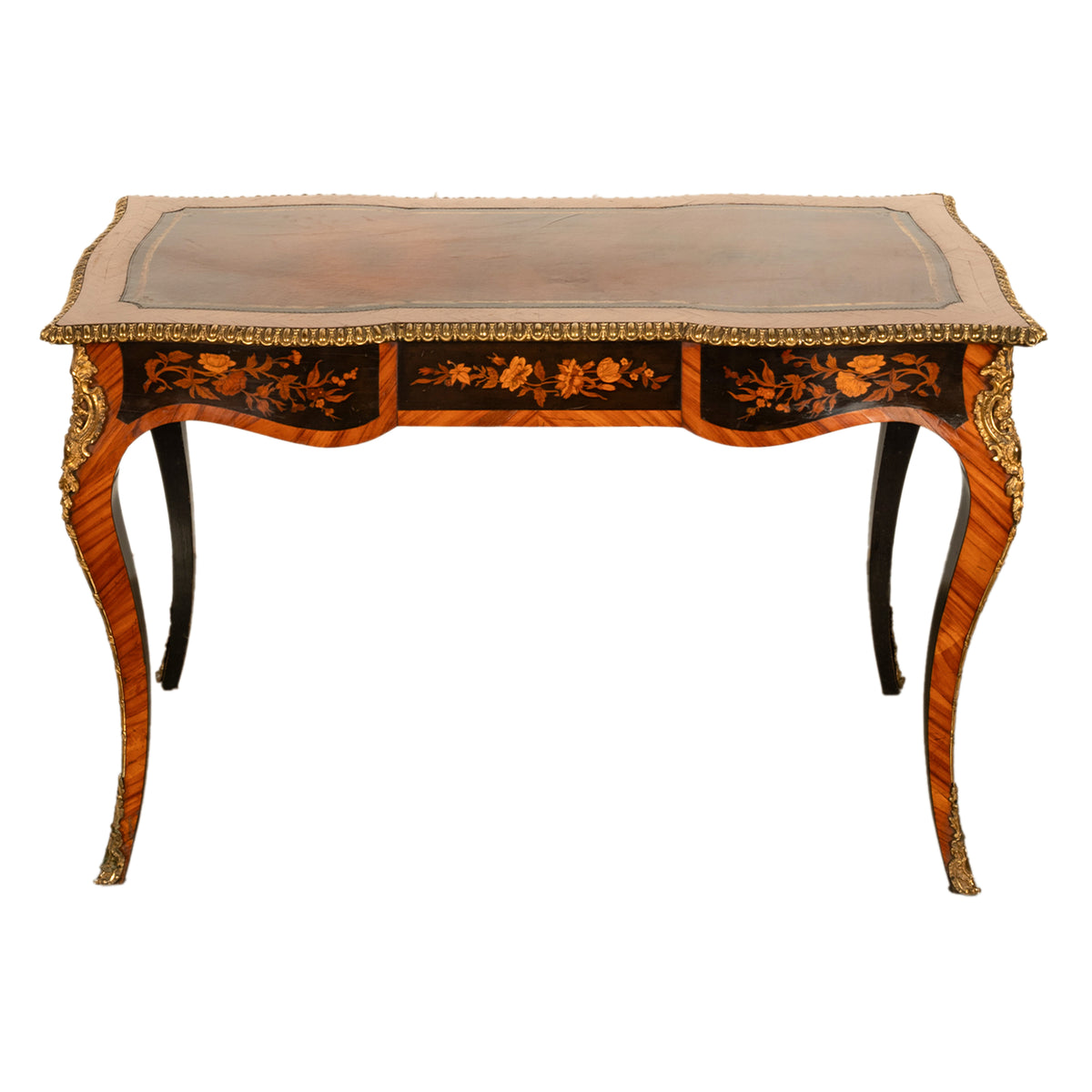 Antique French Louis XV Tulipwood Marquetry Ormolu Bureau Plat Writing Table Circa 1880