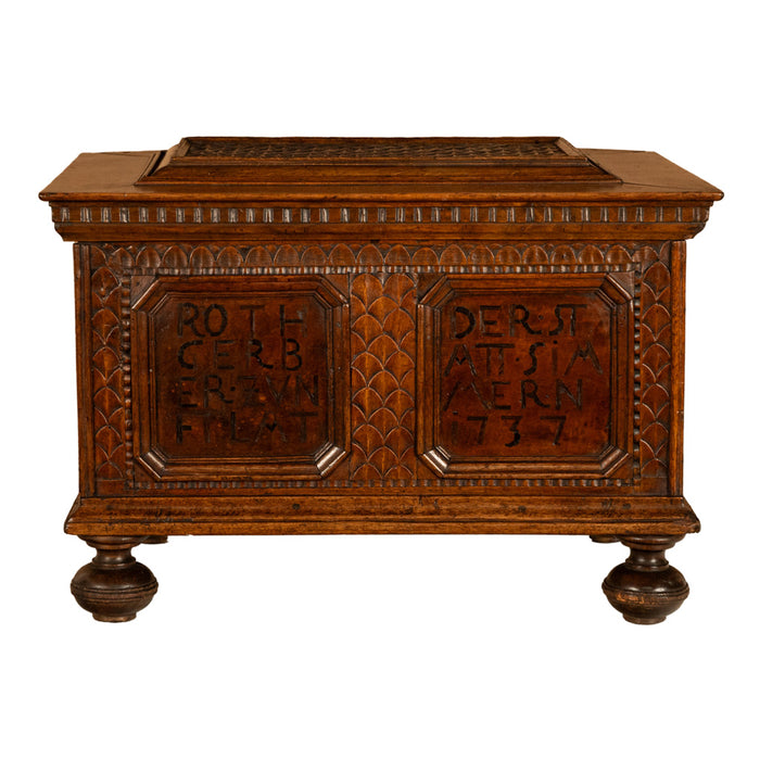 Antique Carved Walnut & Iron Coffer Chest Strong Guild Box Simmern Germany 1737
