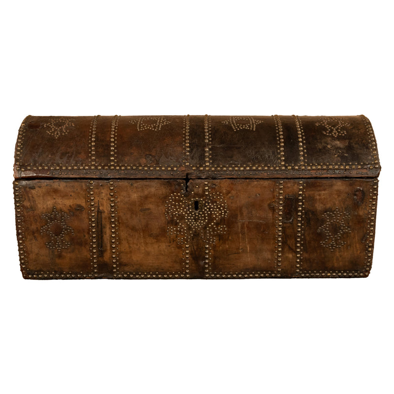 Antique 17th Century Italian Leather and Pine & Brass Stud Work Carriage Chest Trunk 1680