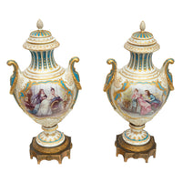 Pair Antique French Sevres Handpainted Gilded Ormolu Porcelain Urns signed 1890