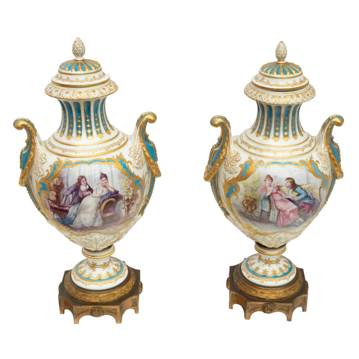 Pair Antique French Sevres Handpainted Gilded Ormolu Porcelain Urns signed 1890
