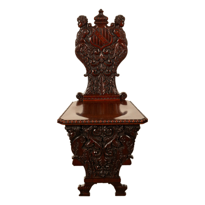 Antique Carved Italian Renaissance Revival Sgabello Chair Coat of Arms & Cherubs, 1870