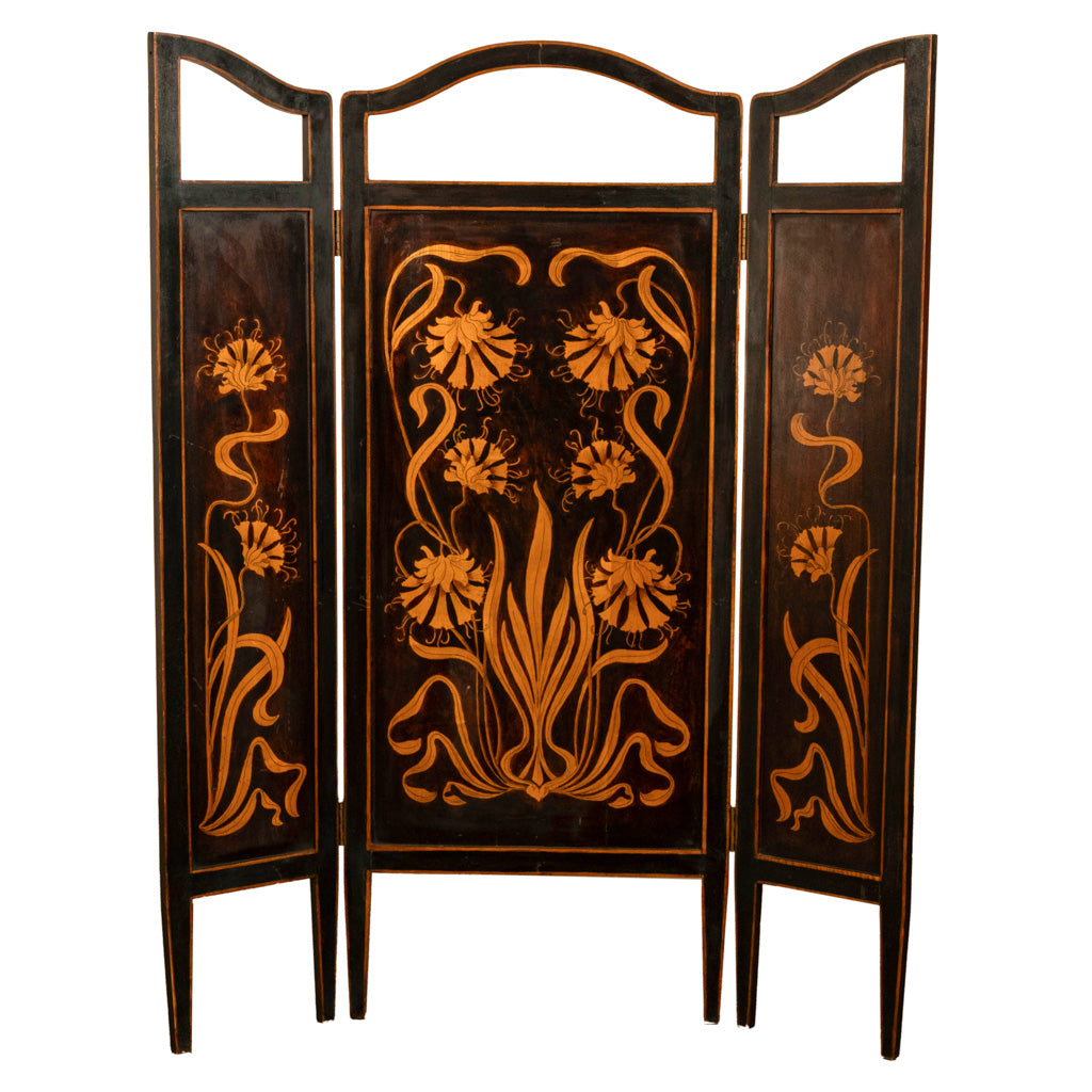Antique Art Nouveau Mahogany Painted Fire Folding Screen Liberty Co London 1900