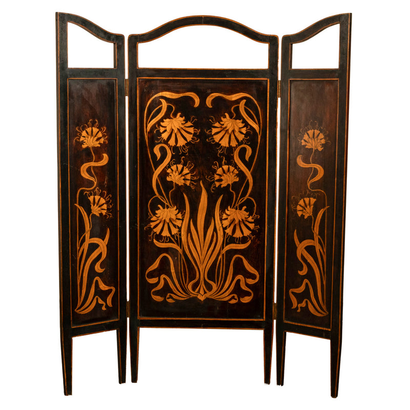 Antique Art Nouveau Mahogany Painted Fire Folding Screen Liberty Co London 1900