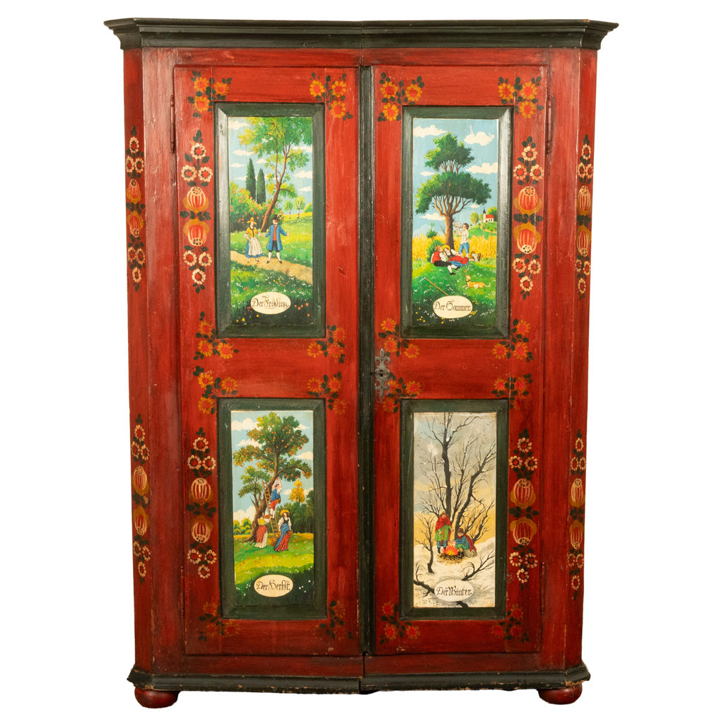 Antique 19th Century German Painted Cabinet Wedding Armoire "Four Seasons" 1850