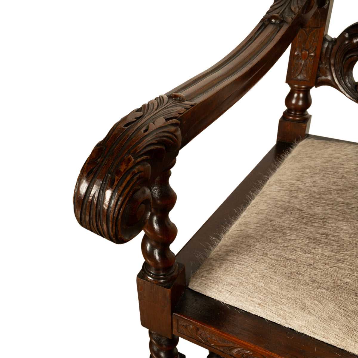 Antique French Louis XIII Carved Walnut Barley Twist Armchair Cane Cowhide 1880