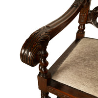 Antique French Louis XIII Carved Walnut Barley Twist Armchair Cane Cowhide 1880