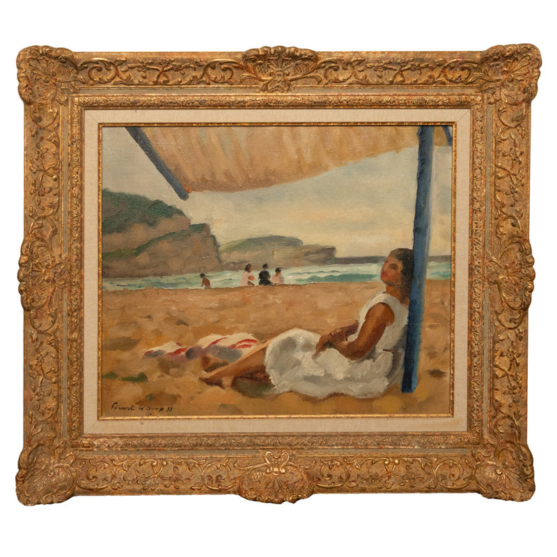 French Oil on Canvas Post Impressionist Portrait Painting Beach Sea Scene Spain by Charles Picart le Doux, 1933