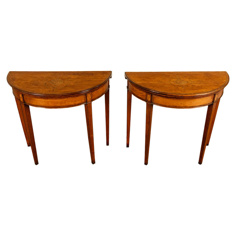 Antique Pair of Georgian Demi-lune Inlaid Mahogany & Stainwood Card Tables 1780 Ex-Christies
