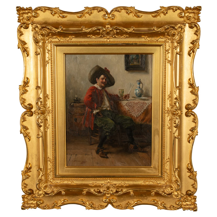 Antique German Genre Oil Painting Portrait Cavalier Drinking Wine by Albert Friedrich Schroder, 1899