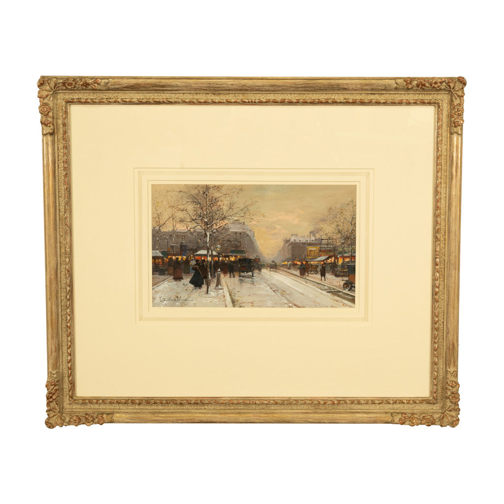 French Impressionist Painting Winter Landscape Scene "Foire de Montmartre" Paris by Eugene Galien-Laloue, 1900