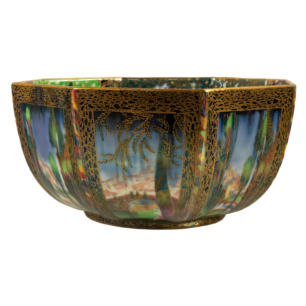 Large Wedgwood Fairyland Lustre Potrcelain Bowl Elves Boxing Match & Castle on a Road 1920