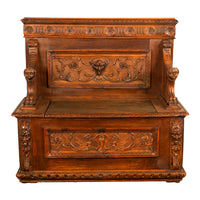 Antique 19th Century Italian Renaissance Revival Carved Walnut Bench Settle 1880