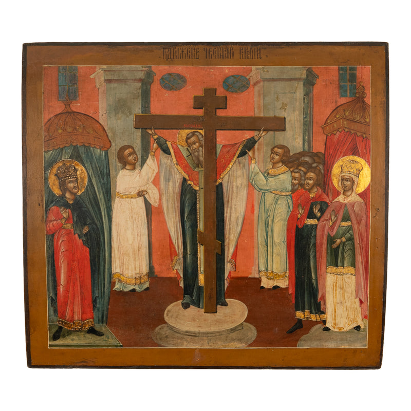 Antique Russian Orthodox Egg Tempera Icon St. Helena & St. Constantine St. Marcarius True Cross 1820