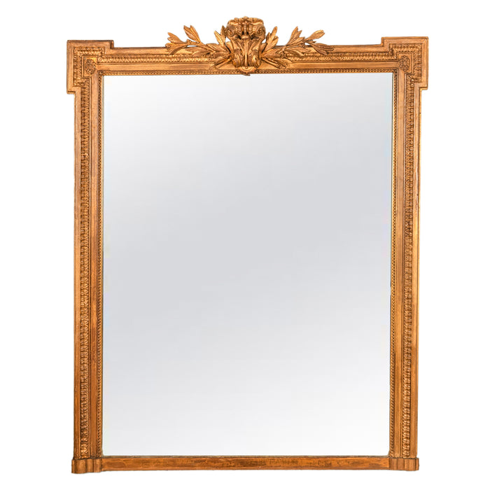 Large Antique 19th Century French Louis XVI Giltwood Crested Wall Mirror 1850