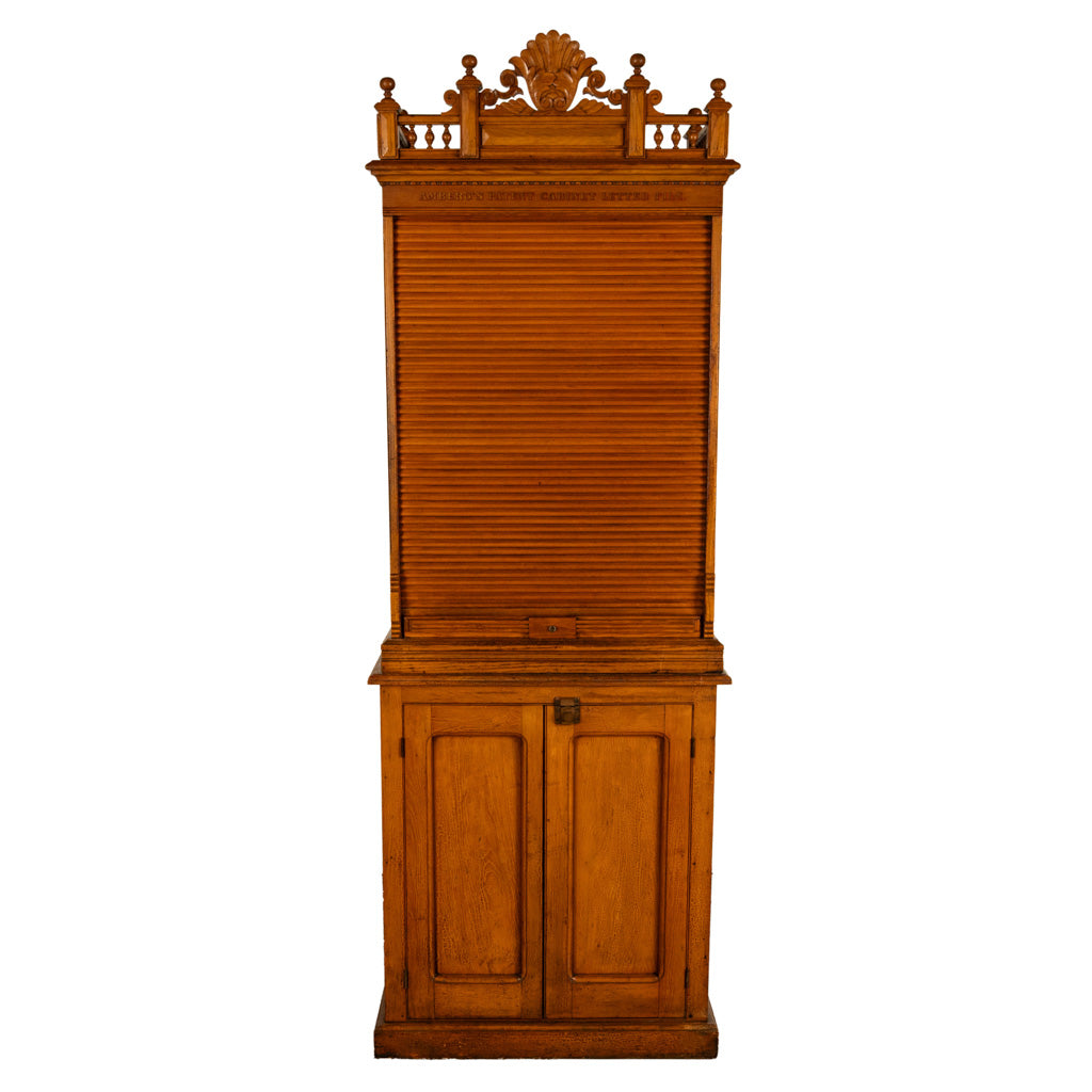 Antique American Carved Oak Victorian Roll Top Letter File Cabinet Amberg Co, 1883