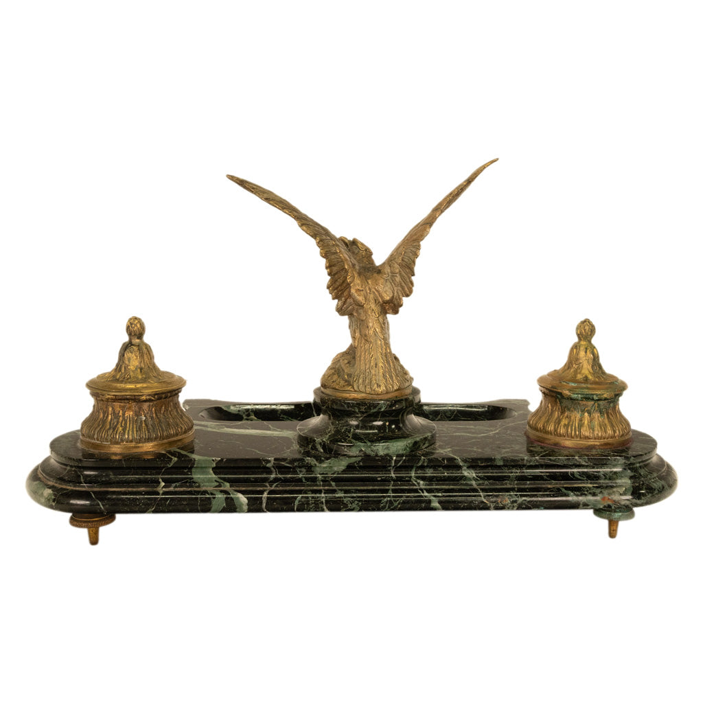 Antique 19thC French Empire Gilt Bronze Marble Eagle Desk Set Twin Inkwell 1880