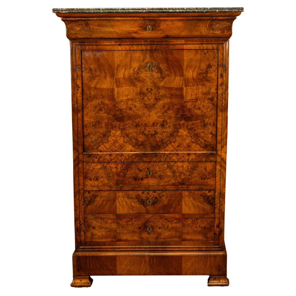 Antique French Louis Philippe Burr Walnut Secrétaire à Abattant Desk Chest 1840