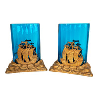 Antique American Art Deco Brass Glass Vases Ship Bookends Bradley & Hubbard 1925