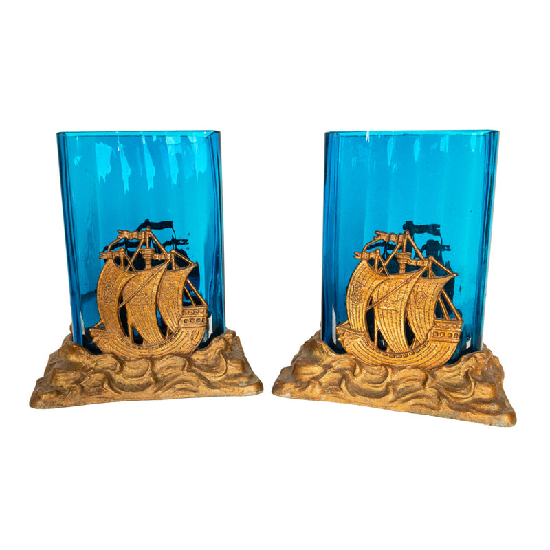 Antique American Art Deco Brass Glass Vases Ship Bookends Bradley & Hubbard 1925