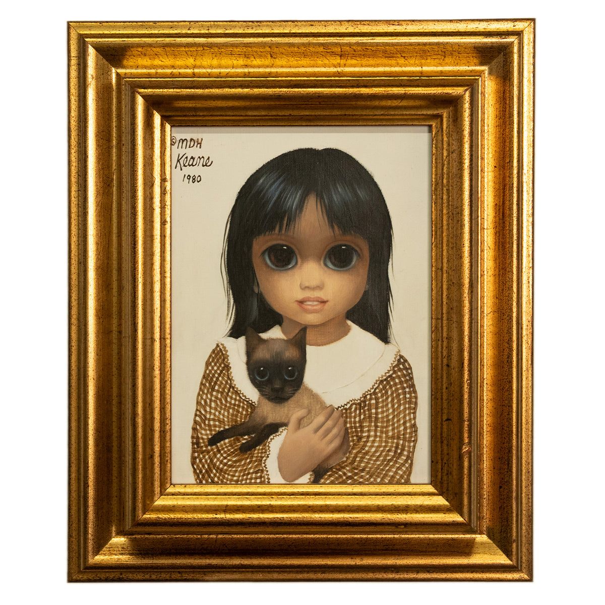 Authentic Oil Painting on Panel "Big Eyes" Beautiful Young Girl with Siamese Cat by Margaret Keane, 1980
