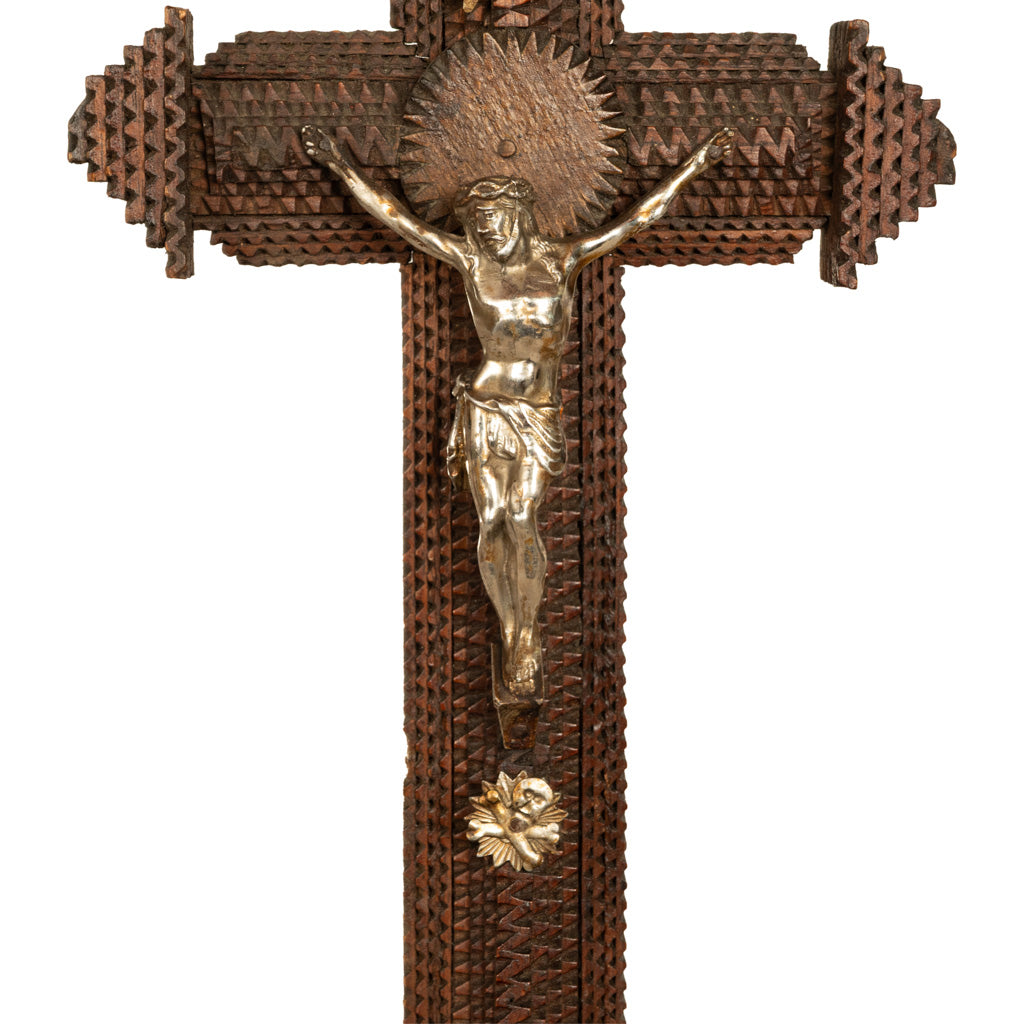 Antique American Tramp Art Carved Wood Crucifix John Zadora Pennsylvania 1900