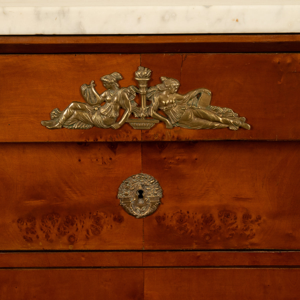 Antique 19th Century French Empire Burl Walnut Marble Ormolu Chest Drawers Commode 1810