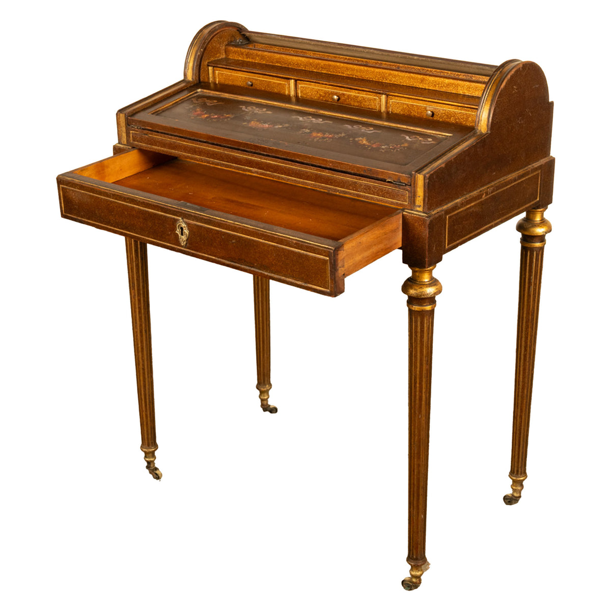Antique 19th Century French Gilded & Painted Cylinder Desk by Paul Sormani 1875