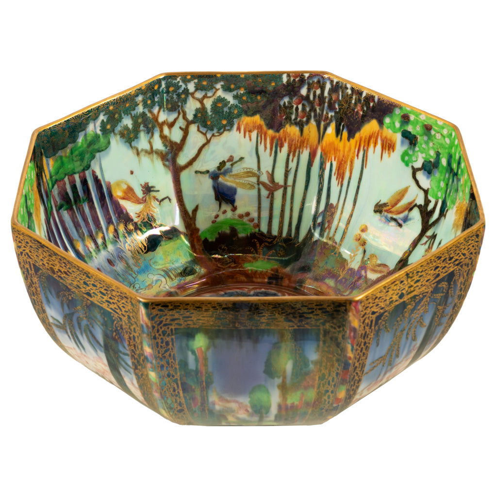 Large Wedgwood Fairyland Lustre Potrcelain Bowl Elves Boxing Match & Castle on a Road 1920