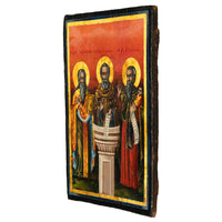 Antique Greek Eastern Orthodox Religious Painted Icon Egg Tempera 3 Saints 1780