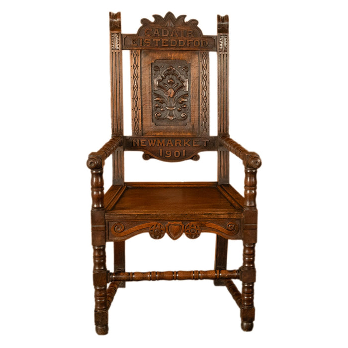 Antique Welsh Carved Oak Eisteddfod Bardic Chair Newmarket Trelawnyd Wales 1901