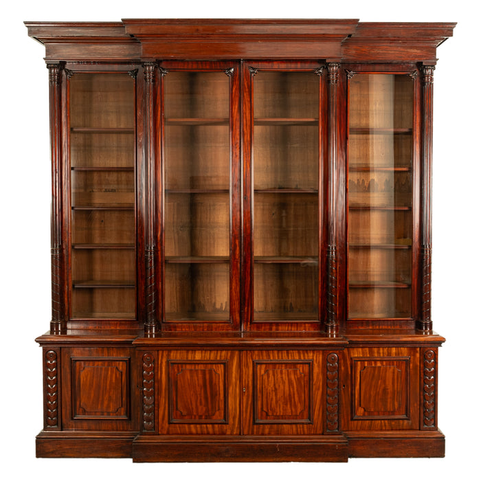 Monumental Antique Irish Carved Mahogany Breakfront Bookcase Bibliotheque 1850