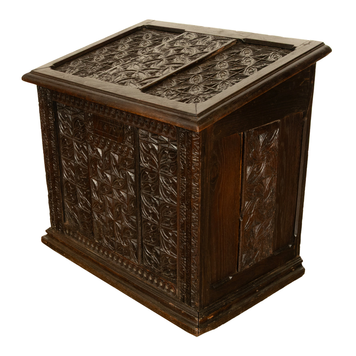 Antique French Medieval Gothic Carved Oak Chest Coffer 17th Century Panels 1679