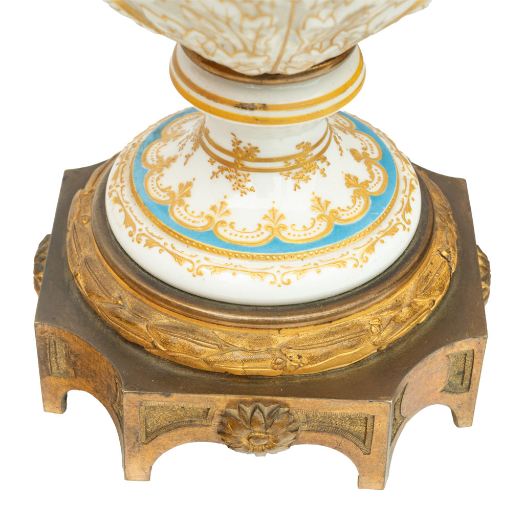 Pair Antique French Sevres Handpainted Gilded Ormolu Porcelain Urns signed 1890
