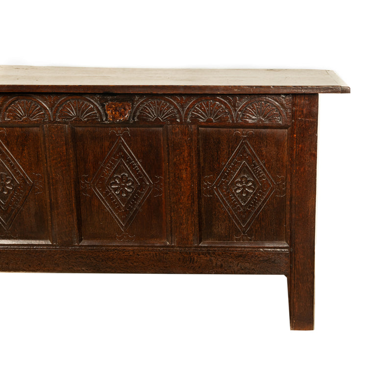 Antique English 17th Century Charles II Carved Oak Coffer Panelled Chest 1680