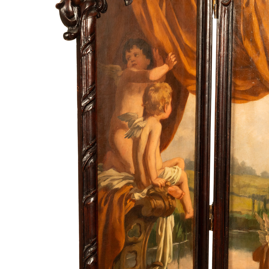 Antique French Rococo Oil Canvas Walnut Painting Landscape Cherubs Screen 1870