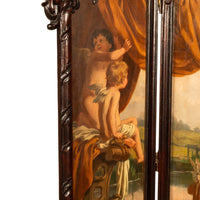 Antique French Rococo Oil Canvas Walnut Painting Landscape Cherubs Screen 1870
