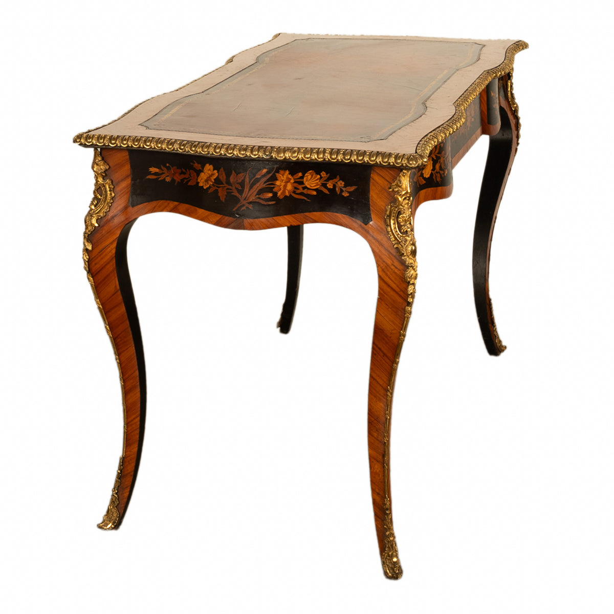 Antique French Louis XV Tulipwood Marquetry Ormolu Bureau Plat Writing Table Circa 1880