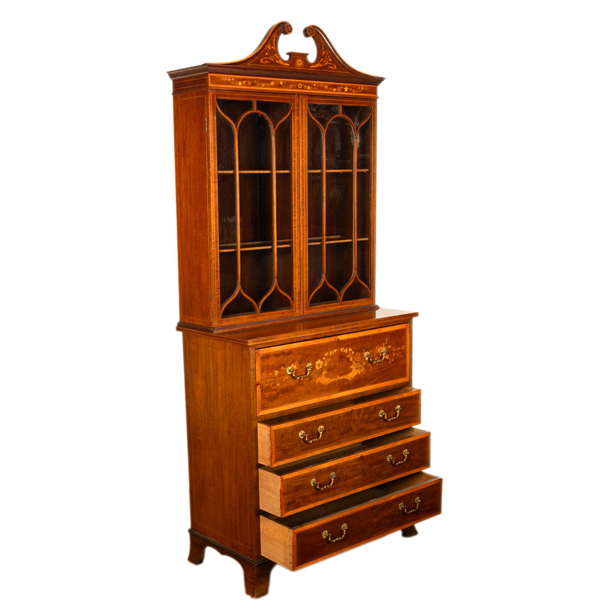 Antique Georgian Sheraton Marquetry Mahogany Bureau Bookcase Butler's Secretary Circa 1810