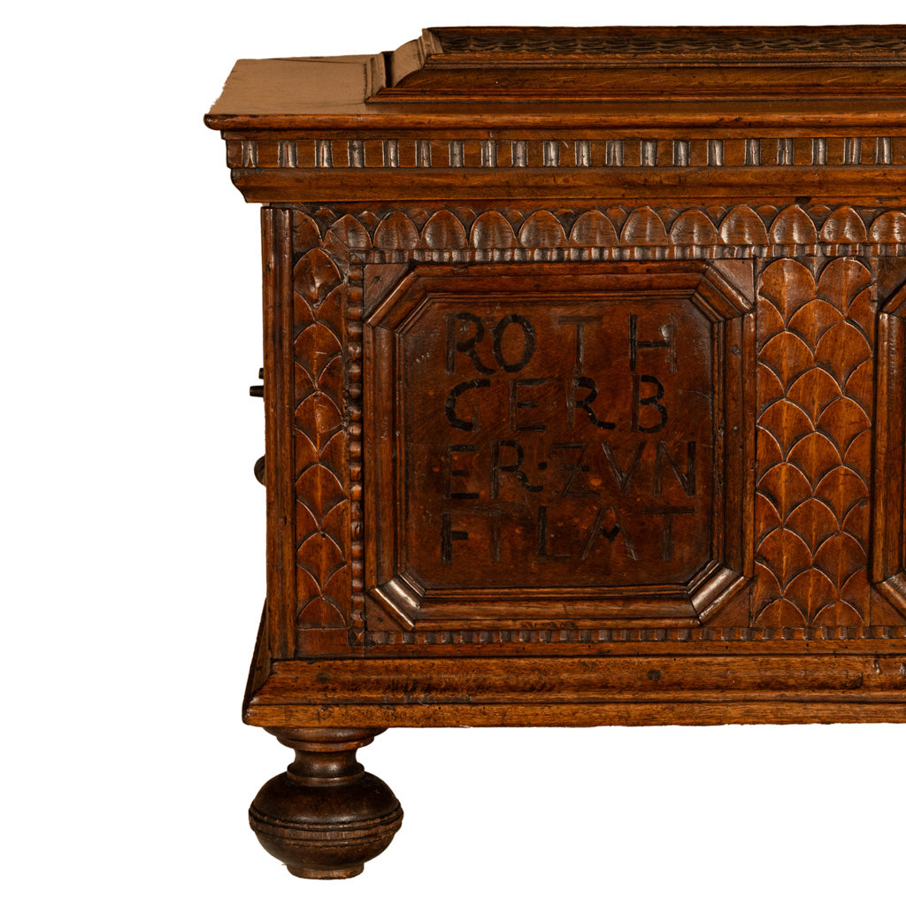 Antique Carved Walnut & Iron Coffer Chest Strong Guild Box Simmern Germany 1737