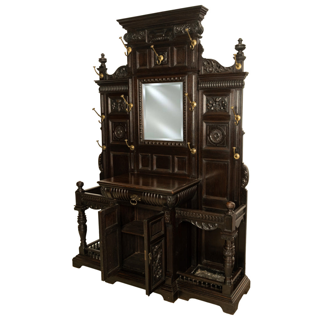 Antique Monumental Renaissance Revival Carved Oak Hall Tree Stand Mirror 1890