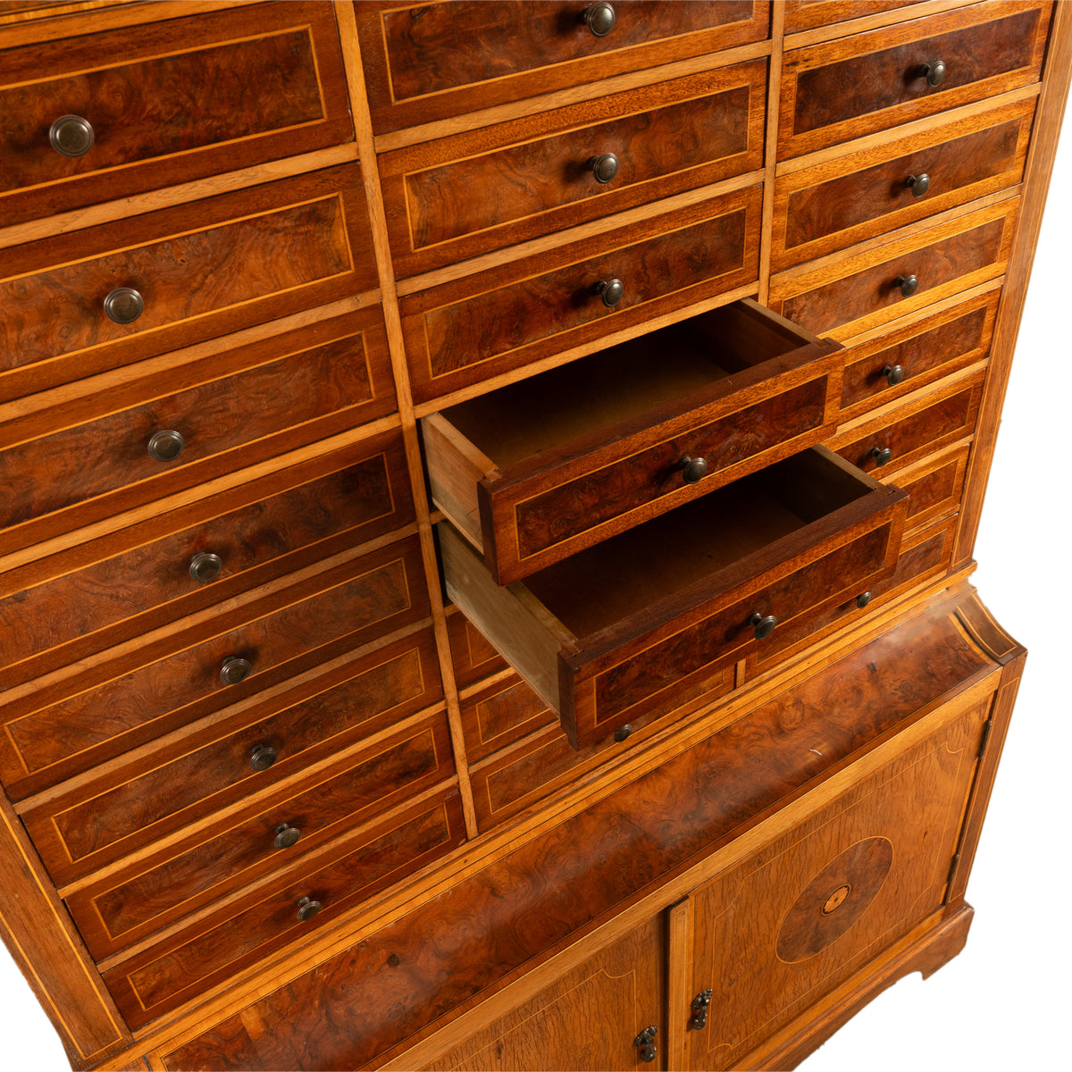 Antique Art Deco Inlaid Marquetry Burl Walnut 24 Drawer Filing Collectors Cabinet Circa 1920