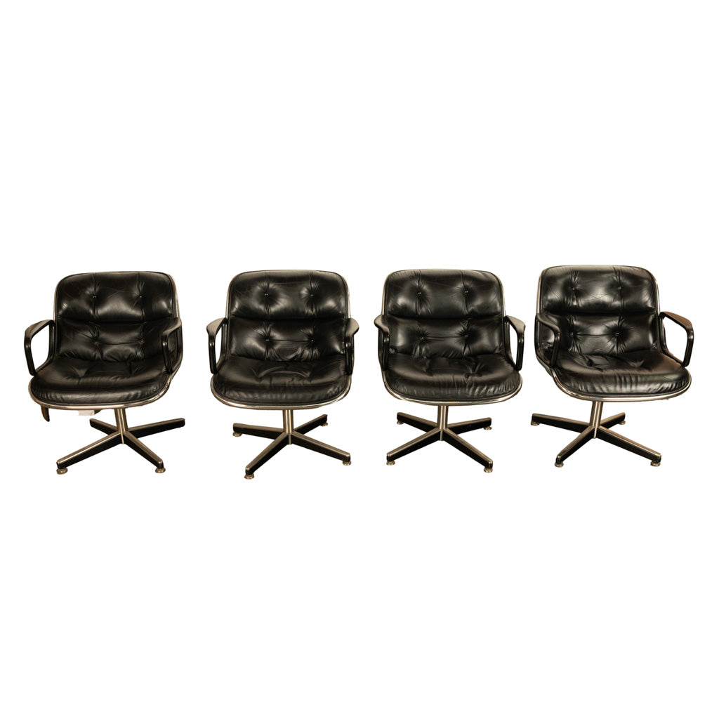 Set of 4 Mid Century Modern Charles Pollock Knoll Black Leather Executive Chairs, 1963