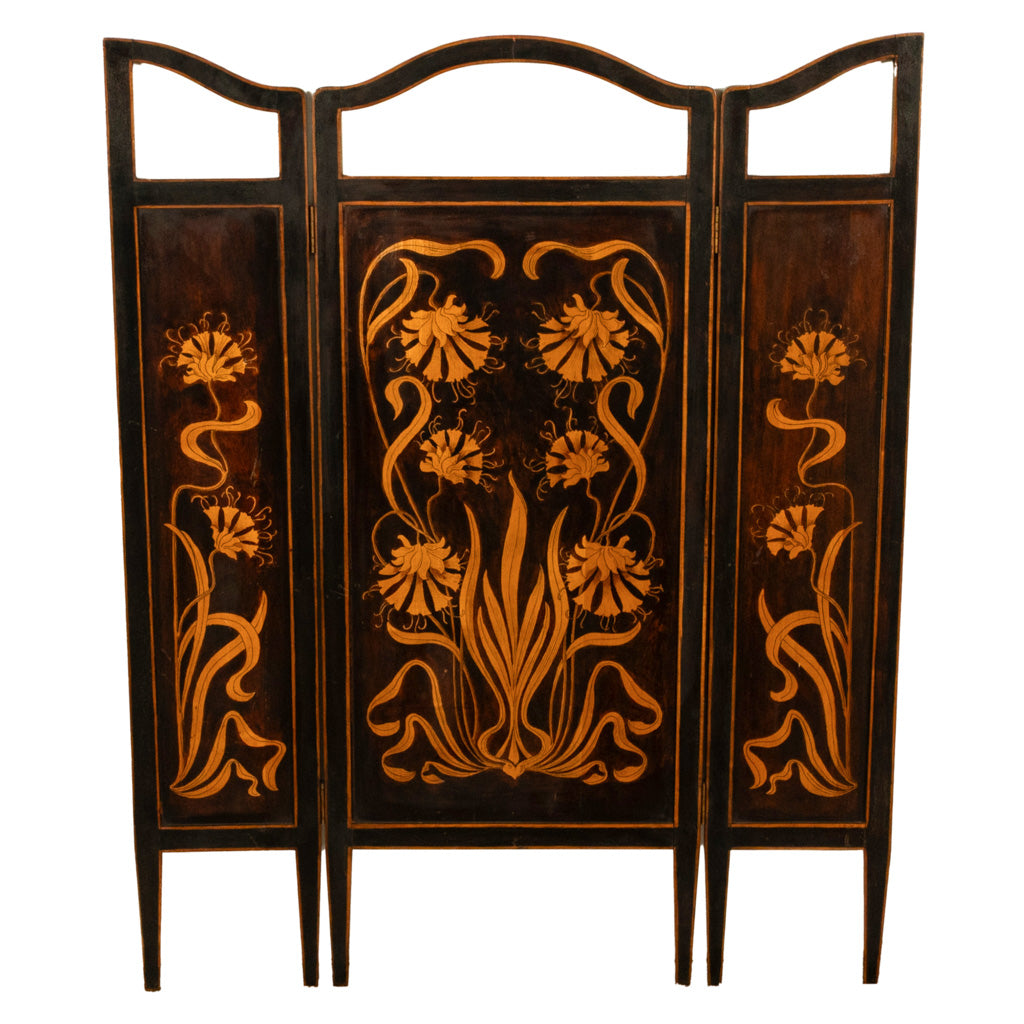 Antique Art Nouveau Mahogany Painted Fire Folding Screen Liberty Co London 1900