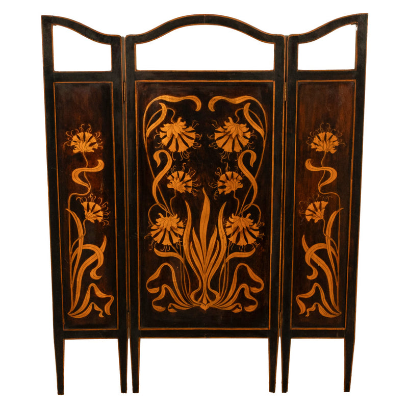 Antique Art Nouveau Mahogany Painted Fire Folding Screen Liberty Co London 1900