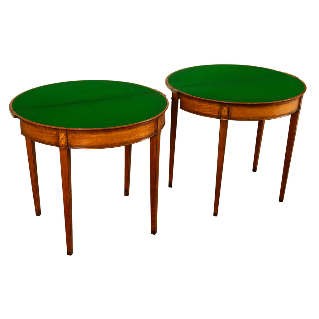 Antique Pair of Georgian Demi-lune Inlaid Mahogany & Stainwood Card Tables 1780 Ex-Christies