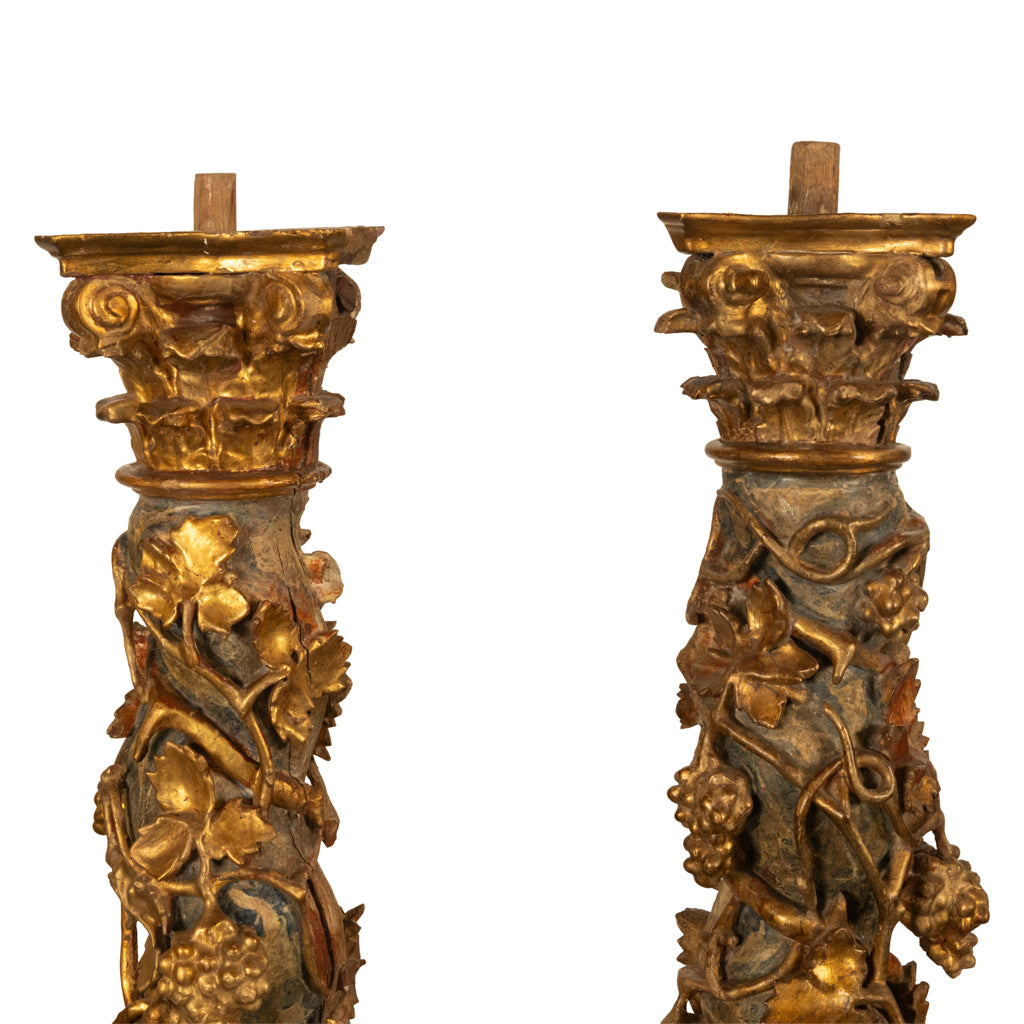 Antique Pair 17th Century Baroque Carved & Gilded Solomonic Columns Italy 1680