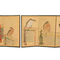 Pair Antique Japanese Edo Falcon Hawk Birds of Prey Takagari Screens 1880