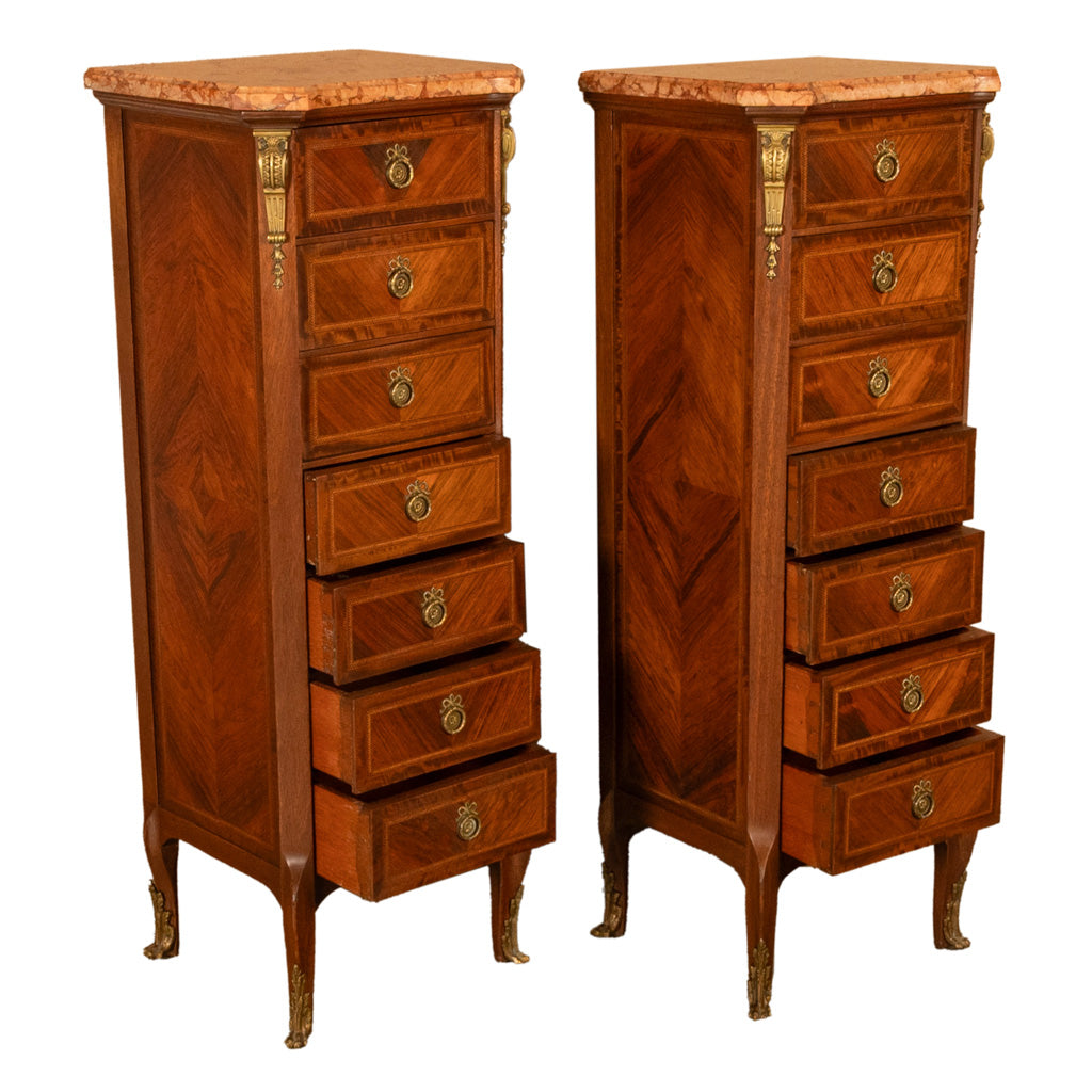 Pair Antique French Semainier Ormolu Inlaid Lingerie Marble Chests Dressers 1900