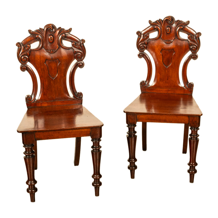 Pair Antique Regency Carved Mahogany Country House Shield Back Hall Chairs 1825